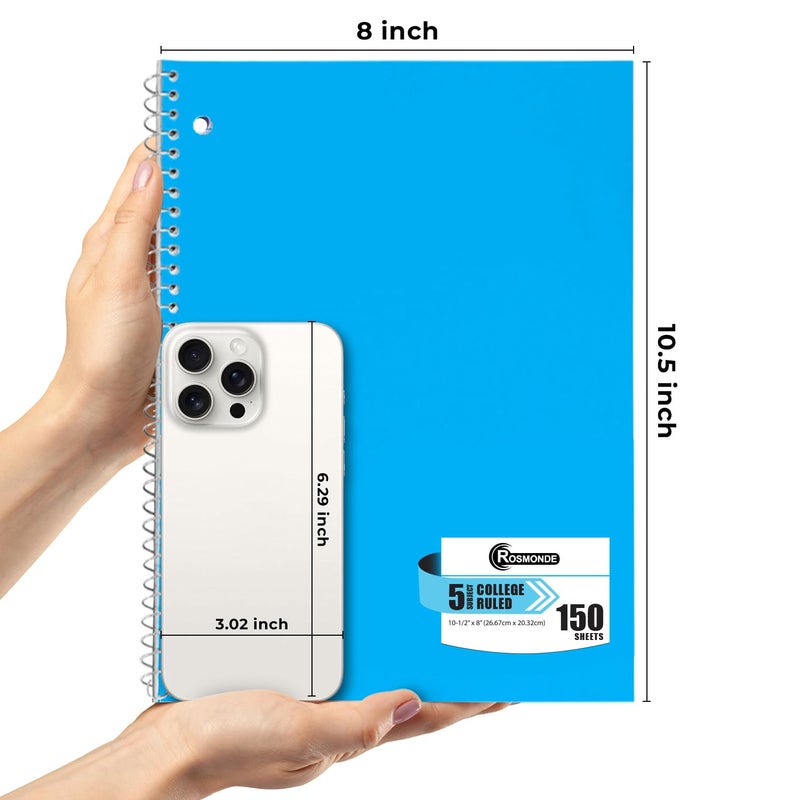 Rosmonde 5 Subject Notebook College Ruled, 6 Value Pack, 300 Pages (150 Sheets), 8 x 10-1/2"", 5 Subject College Ruled Spiral Notebooks for School & Office, Thick Paper Fights Ink Bleed, 3 Hole Punched - Image 4